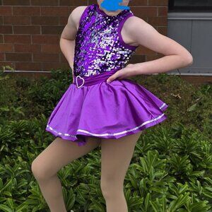 ✨ Purple Sequin Girls Dance Costume – Skirted Leotard w/ Heart Detail ✨